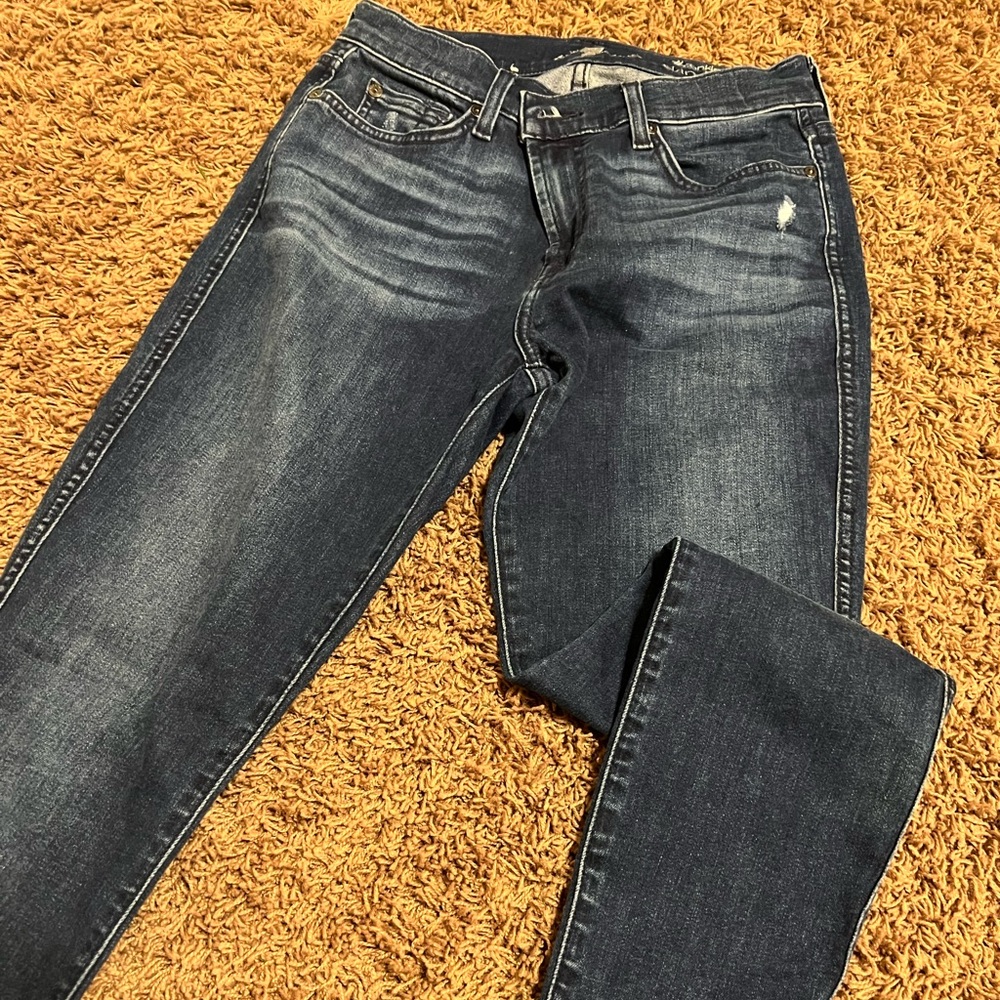 7 For All Mankind Skinny ankle jeans with fun shred ankle. Size 27